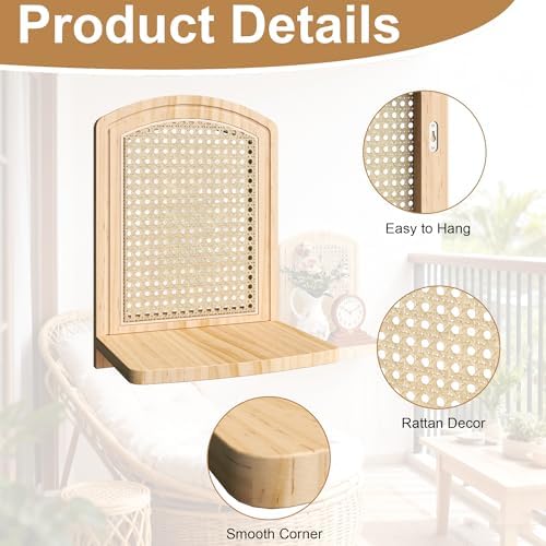 Rattan Shelf Set of 2, 9.8''Natural Wood Rattan Shelf with Wicker Decor, Boho Wall Decor Small Floating Shelves for Plant Figurines Nick Knack Display, Mini Shelves for Living Room Nursery Bedroom - Image 6