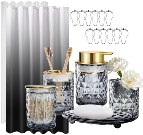 Black Glass Bathroom Accessories Set with Shower Curtain and Liner, 7-Piece Bathroom Decor Set, Soap Dispenser, Toothbrush Holder, Soap Dish, Vanity Tray, Complete Bathroom Makeover Set by KINUUIS