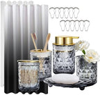 Black Glass Bathroom Accessories Set with Shower Curtain and Liner, 7-Piece Bathroom Decor Set, Soap Dispenser, Toothbrush Holder, Soap Dish, Vanity Tray, Complete Bathroom Makeover Set by KINUUIS
