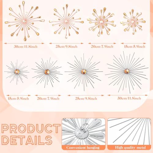 Blulu 8 Pcs Orange Metal Wall Art Cast Iron Starburst Wall Decor Bling Crystal Sculptures Living Room 3D Teardrop Radial Rhinestone Hanging Diamond Accents for Home Office Bedroom Entryway - Image 2