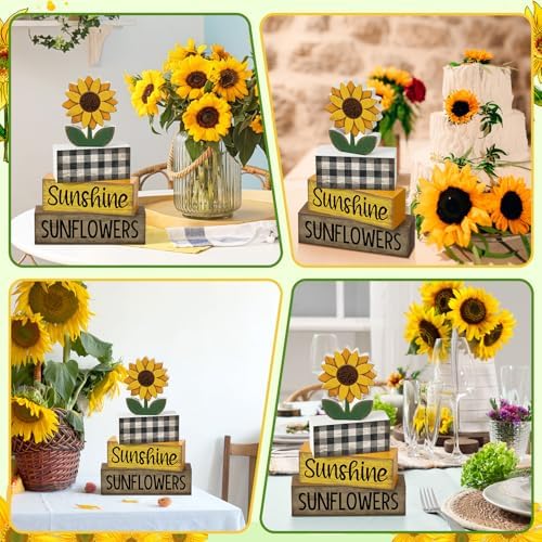Yuntau 4 Pcs Sunflower Decorations, Wooden Block Sign Tiered Tray Decor - Image 5