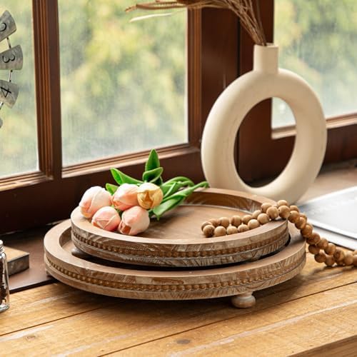2 Piece Torched Wooden Serving Tray Set with Beaded Design, Farmhouse Centerpiece Table Decorations, Round Coffee Table Tray for Living Room Home Decor, Ottoman Tray Decor for Rustic Styles - Image 5