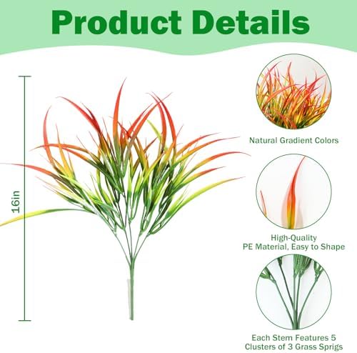 Uieke 28 Bundles Artificial Outdoor Plants UV Resistant Fake Grass Plants Faux Plastic Plants for Home Garden Spring Summer Decor, Green & Red - Image 3