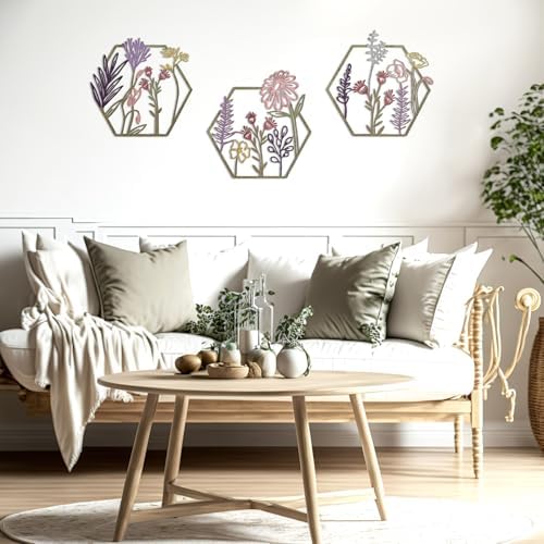 Peryiter 3Pcs Metal Flower Wall Decor Minimalist Floral Hanging, Colorful - Image 4