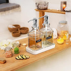 LMQML Soap Dispenser - 2 Pack, Antique Design Thick Glass Hand Soap Dispensers with Sturdy Tray; 304 Rust Proof Stainless Steel Silver Pump, 12Pcs Stickers, for Kitchen, Bathroom - Image 5