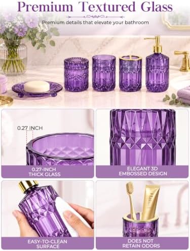 Haturi Purple Bathroom Accessories Set, Glass Bathroom Set, 5 Pcs - Image 4