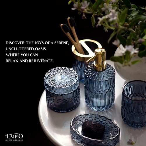 EMPO 6PCS Bathroom Clear Glass Accessories Set (Lotion Soap Dispenser, Soap Dish, Toothbrush Holder, Tumbler, Cotton Swab Jar), Contemporary Modern Decor Crystal Vintage Gift (6pcs Blue) - Image 3