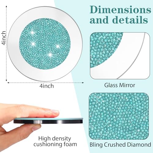 Jetec Mirrored Glass Coaster Set of 6 with 1 Holder 4" Crushed Diamond Round Cup Mat Glitter Crystal Rhinestone Glass Coaster Bling Table Decor for Bar Kitchen Gift for Christmas(Mint Green,4 Inch) - Image 3