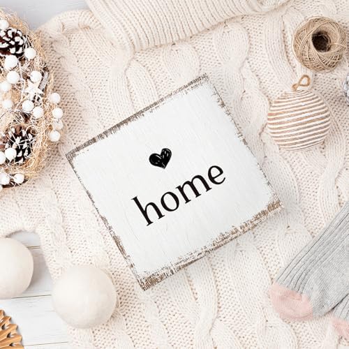 Home Sign, Home Signs for House Decor, Welcome Sign, Rustic Farmhouse Desk Decor Wood Block Box Plaque for Living Bedroom Room Wall Shelf, Housewarming Gifts, 8x8inch - Image 6