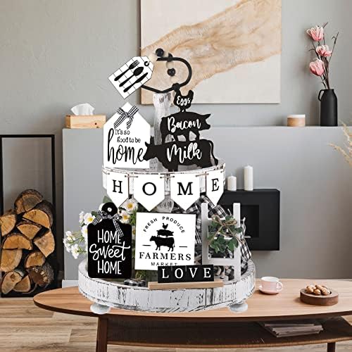 Fairysandy 11 Pcs Home Tiered Tray Decor Black White Rustic Wooden Signs - Image 6