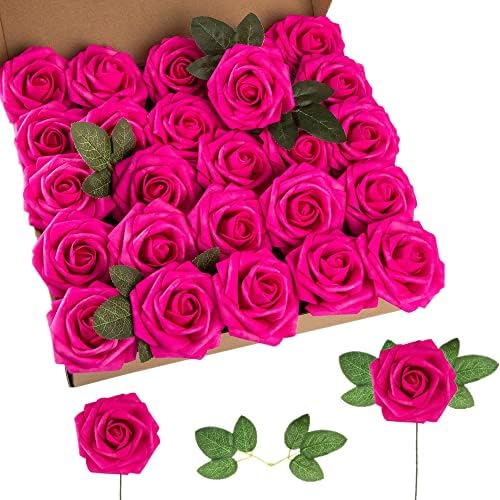 Hot Pink Foam Rose 50pcs Real Looking Fake Purple Rose with Stems Leaves for Home Decoration Party Garden Centerpieces DIY Wedding Bouquets（Hot Pink&Purple） - Image 2