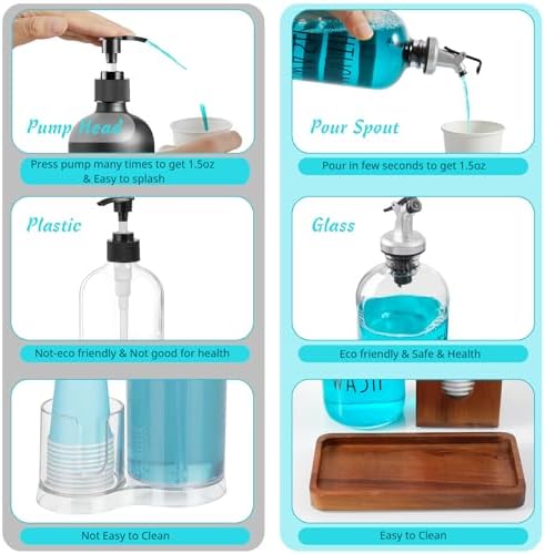 Glass Mouthwash Dispenser for Bathroom, 16 OZ Mouthwash Dispenser with Pour Spout and Acacia Wood Cup Holder and Tray, Mouth Wash Bottle Container, Farmhouse Kitchen Bathroom Decor and Accessories - Image 4