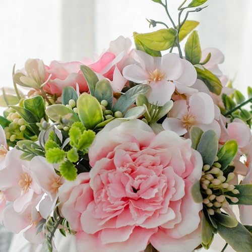 TKAS Fake Flowers Arrangement in Ceramic Vase, Artificial Faux Silk Roses & Hydrangea, Small Realistic Dried-Style Floral Dining Table Centerpiece for Wedding Party Home Decoration (Pink) - Image 3