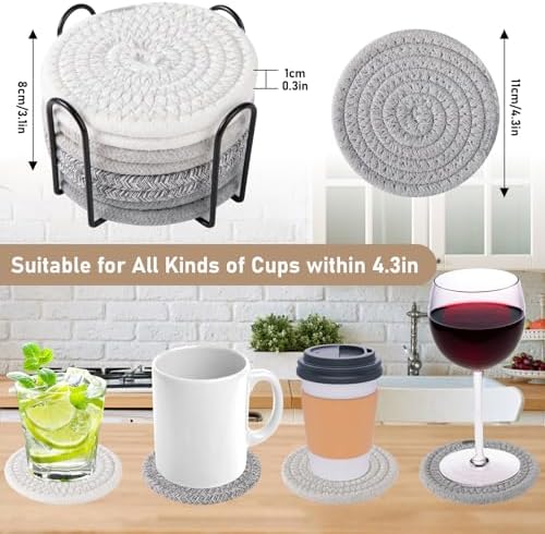 OIAHOMY 8 Pcs Coasters with Holder for Beer, Coffee, Woven Cotton Coaster Set for Table Decor for Kitchen, Bar, Dining Room, Living Room, Housewarming Gifts - Grey - Image 2