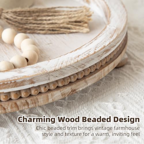 Farmhouse Oval Wooden Decorative Trays Set of 2, Distressed White Solid Wood Beaded Trays for Coffee Table, Kitchen Counter, Ottoman & Dining Table Centerpiece Decor - Image 4