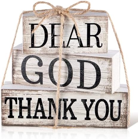 CroBlissful 4 Pcs Farmhouse Wooden Table Decor Christian Tiered Tray Decorations Rustic Religious Gift Block Sign Dear God Thank You Table Centerpiece for Home Kitchen Living Room Shelf Mantle by CroBlissful