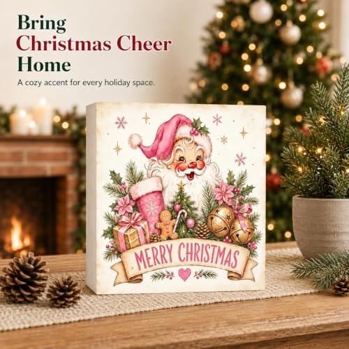 GUDIAO Christmas Decorations Pink, Vintage Merry Christmas Wood Box Sign - Image 2