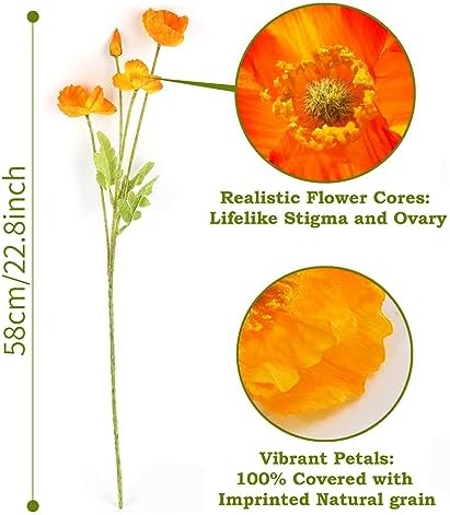 Artificial Poppies, Red and Orange Silk Poppies Artificial Flowers - 24x Blooming California Poppy Flower Artificial Plus 8X Buds for Home Decoration, RDOR8 - Image 3