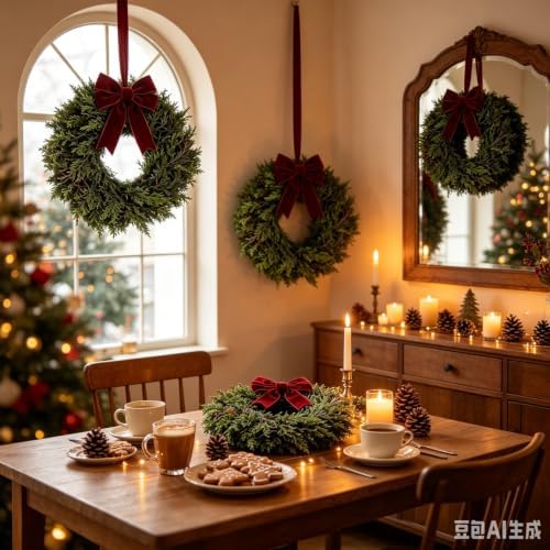 4 Pcs Small Christmas Hanging Wreaths with Artificial Cedar Pine Greenery Burgundy Dark Red Velvet Ribbon Mini Front Door Wreath for Porch Window Cabinet Wall Farmhouse Christmas Winter Holiday Decor - Image 4