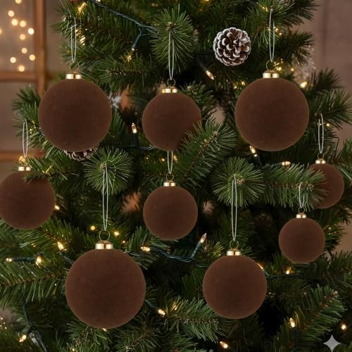 46Pcs Velvet Christmas Ball Ornaments Set - Flocked Shatterproof Christmas Tree Decorations Classic Hanging Ornaments with Rope for Xmas Wreath Holiday Home Decor (Multi-Size, Brown) - Image 5
