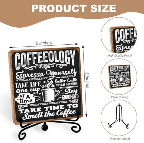 Funny Coffee Bar Decor, 5 x 5 Inch Wooden Desk Sign with Metal Stand - Image 2