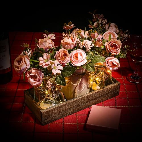 3 Pcs Mason Jar Centerpiece Table Decorations for Dining Table Decor Farmhouse Coffee Table Decor with Wood Tray and Led Light Table Centerpieces for Dining Room Kitchen Living Bathroom,Pink - Image 6