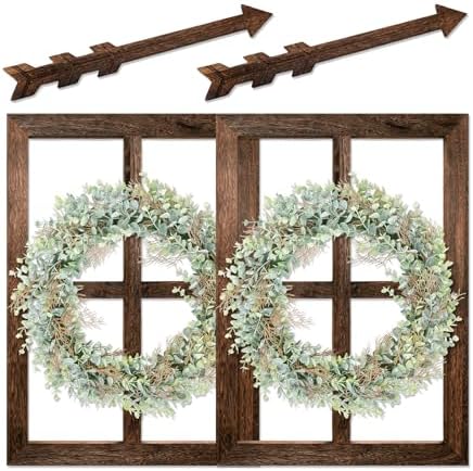 WAKOSAN Rustic Wood Window Frame Wall Decor with Wreath & Arrows by WAKOSAN