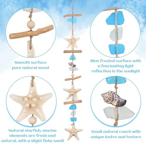 JQAQJU 2PCS Sea Glass Wooden Coastal Wall Decor with Starfish Sea Shells - Image 3