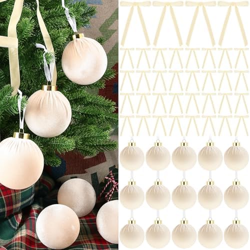 51 Pcs Christmas Velvet Ornaments 15 Pcs Christmas Tree Decor Balls 3.14" 36 Pcs Velvet Vintage Ribbon Bows 5/8" Wide 6 * 8" for Xmas Tree Hanging Decorations Home Indoor Decor (White) by LIANGMIDA