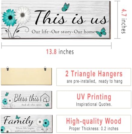 4 Pcs White Farmhouse Wall Decor with Teal Butterflies & Daisies, Rustic Wooden Signs Set, Floral Wall Art for Living Room Bedroom, Housewarming Gift, 4.7" x 13.8" - Image 2