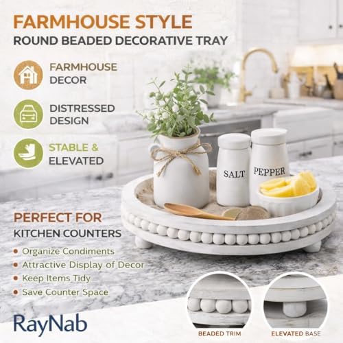 RayNab Farmhouse Round Wooden Beaded Tray - 12in Whitewashed Rustic Decor - Image 5