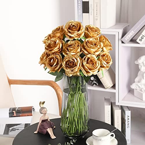 JUSTOYOU 10 PCS Artificial Roses Flowers, Realistic Blossom Roses, Real Touch Silk Rose, Single Fake Flower Long Stem Bouquets for Home Wedding Party Decoration (10Pcs, Gold) - Image 2