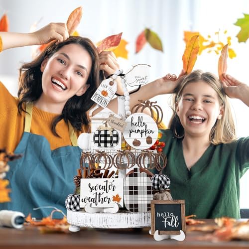 Reallnaive 18 Pcs Fall Tiered Tray Decor, Vintage Plaid Pumpkin Signs - Image 6