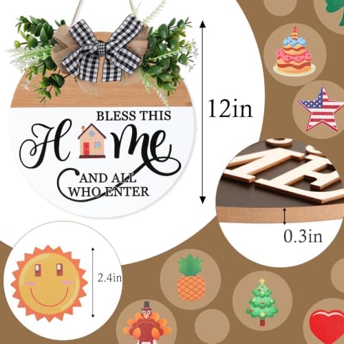 Interchangeable Welcome Sign for Front Door with 4 Seasonal Wreath and 14 Changeable Icons, Bless This Home for Spring Summer Fall Winter All Seasons Holiday, Rustic Round Wood Wreath Door Decoration - Image 4