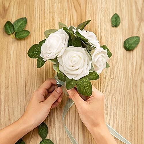 Artificial Flower Foam Rose 25pcs Real Looking Fake Rose with Stems Leaves for Home Decoration Party Garden Centerpieces DIY Wedding Bouquets（White） - Image 5