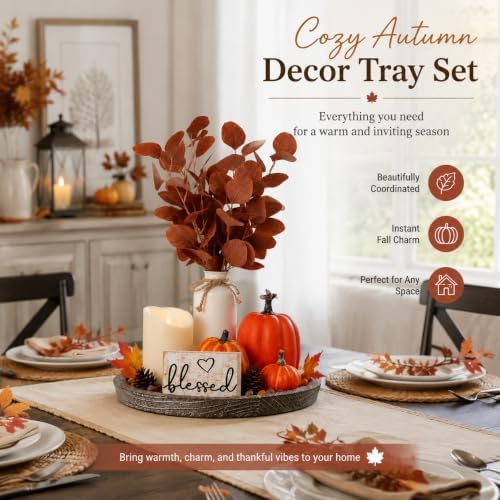 11 Pcs Fall Decor Tray Set, Rustic Farmhouse Decor Centerpieces for Tables - Image 4
