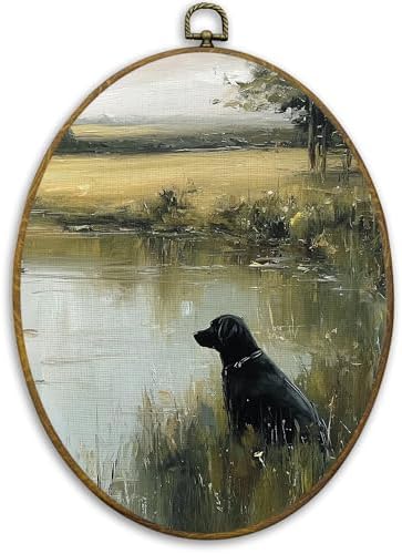 CUANFDDSF Vintage Black Labrador Landscape Oval Wall Art Decor, Countryside Cottagecore Farmhouse Cabin Wall Hanging Decor, French Country Framed Canvas Prints for Bedroom Living Room, 8.6x11.4 Inch by CUANFDDSF
