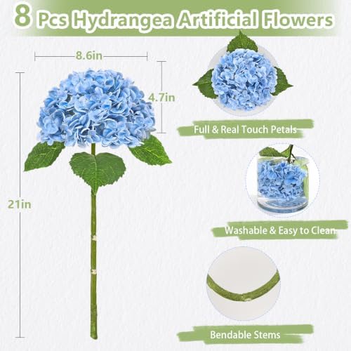8 Pcs Real Touch Hydrangea Artificial Flowers, 21" Latex Fake Flowers, Blue - Image 7