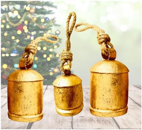 Rustic Harmony Cow Bells Decorative Set of 3 Christmas Bell Large Vintage Golden Cow Bell Brass Coated Country Bells Wall Hanging Cowbell Lucky Charm (3"-4"-5") by aladean