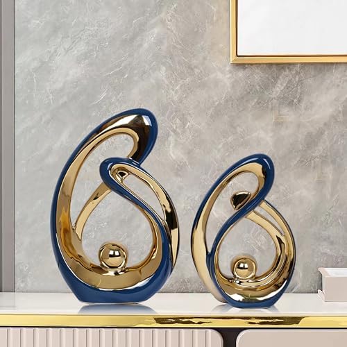 2 PCS Navy Blue Decor Accent Ceramic Statue Blue Gold Mid Century Modern Home Decor Accents Sculpture Decorations Centerpieces for Living Room Bookshelf Shelf Coffee Table Kitchen Office Dining Table - Image 2