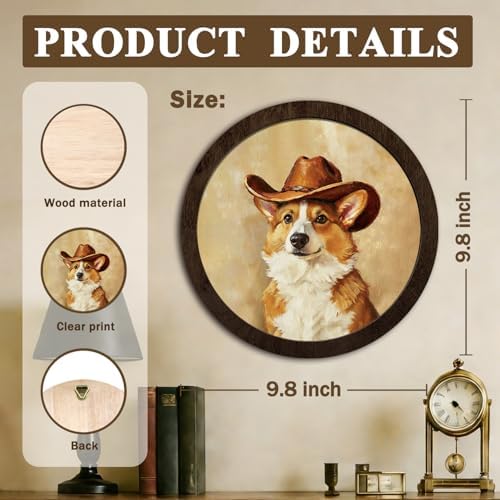 CFFJLHN Western Corgi Wall Art Decor Western Corgi Lovers Gifts Framed Round Wooden Wall Art, Vintage Corgi with Cowboy Hat Wall Decor for Home Bedroom, Living Room, Office, Bathroom, 10x10 Inch - Image 7