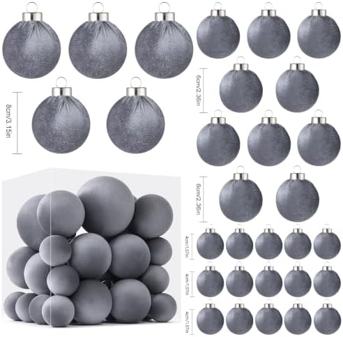 Velvet Christmas Ball Ornaments - 30pcs Flocked Christmas Ornaments Set Shatterproof Classic Hanging Xmas Tree Decorations with Rope for Wreath Holiday Home Decor (Grey) - Image 2