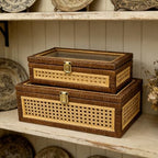 Set of 2 Stackable Rattan and Cane Display Boxes with Glass Lid,Brown - Image 5