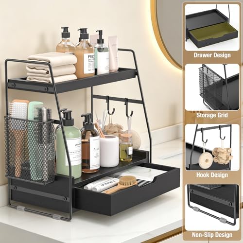 2-Tier Bathroom Counter Organizer with Drawer, Wood Counter Storage Shelf - Image 3