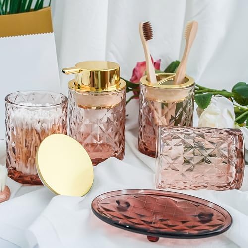 Brown Glass Bathroom Accessories Set with Shower Curtain and Liner, 7-Piece Bathroom Decor Set, Soap Dispenser, Toothbrush Holder, Soap Dish, Vanity Tray, Complete Bathroom Makeover Set - Image 4