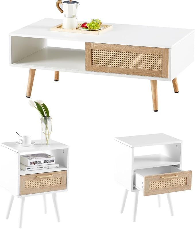 Rattan Center Table and Nightstand Set, 3-Piece Wood Living Room Table Set - Image 2