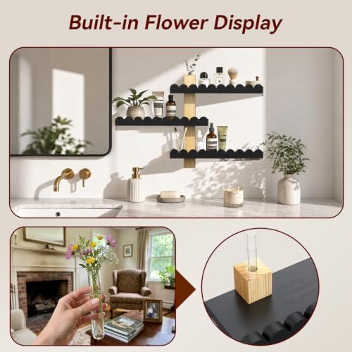 3-Tier 100% Solid Wood Shelves for Wall, Scalloped Rustic Floating Shelves, Wall Decor with Planter Vase, Wall Shelf for Apartment, Living Room and Bedroom - Image 3
