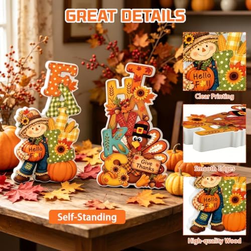 Fall Thanksgiving Table Decor 2 PCS Wooden Fall Scarecrow Turkey Decor - Image 4