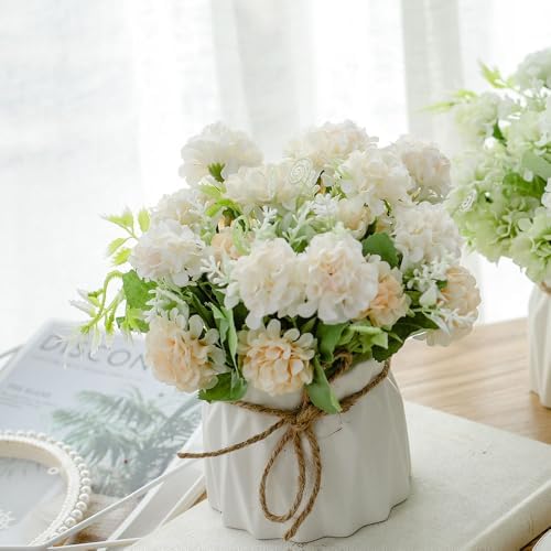 TKAS Fake Flowers Arrangement in Ceramic Vase, Artificial Faux Silk Hydrangea, Small Realistic Dried-Style Floral, Dining Table Centerpiece for Wedding Party Home Decoration (White) - Image 4