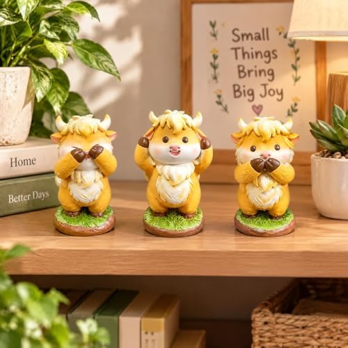 3 Pcs Highland Cow Figurines Resin Statues Cattle Decorations - Hear See Speak No Evil, Accent Farmhouse Tabletop Centerpiece for Christmas Thanksgiving Birthday Gift Home Shelf Mantel Table Decor - Image 4